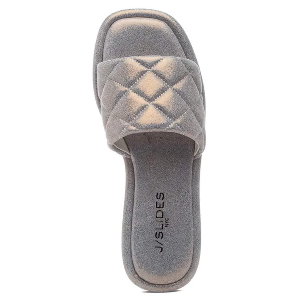 J Slides Yoel Bronze Metallic Quilted Leather Flat Slide Sandal
